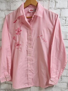 Alia Sport Pink and White Striped Blouse Flowers & Dragonfly’s